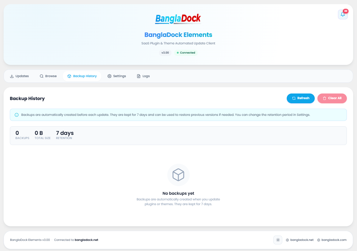 Backups history page showing protection details and restore archives