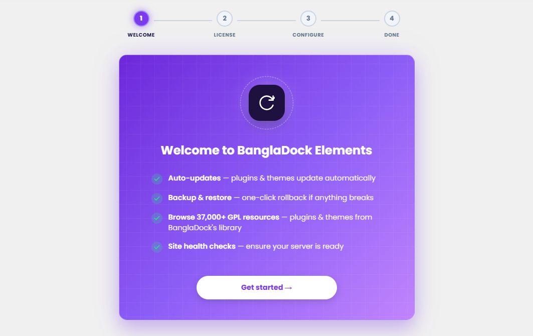 BanglaDock Elements setup wizard — welcome step listing key features